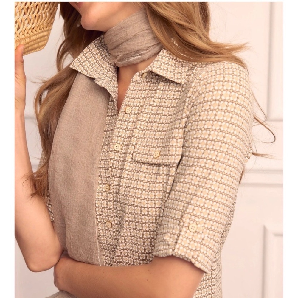 J.McLaughlin Womens Lawrence Dress Size L Tan Geometric Catalina Cloth Roll Tab - Picture 10 of 11